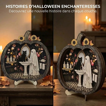 Décoration citrouille d’Halloween en bois avec éclairage LED