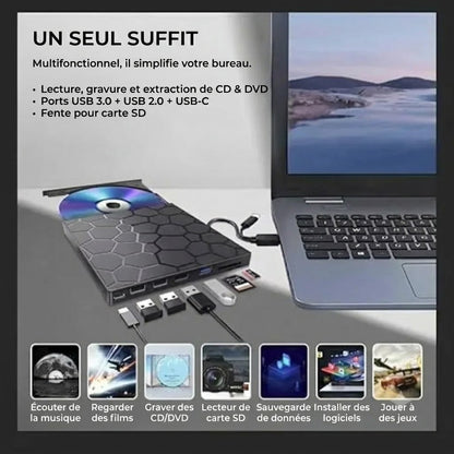 Lecteur CD/DVD externe 8-en-1 et Hub USB – Plug & Play