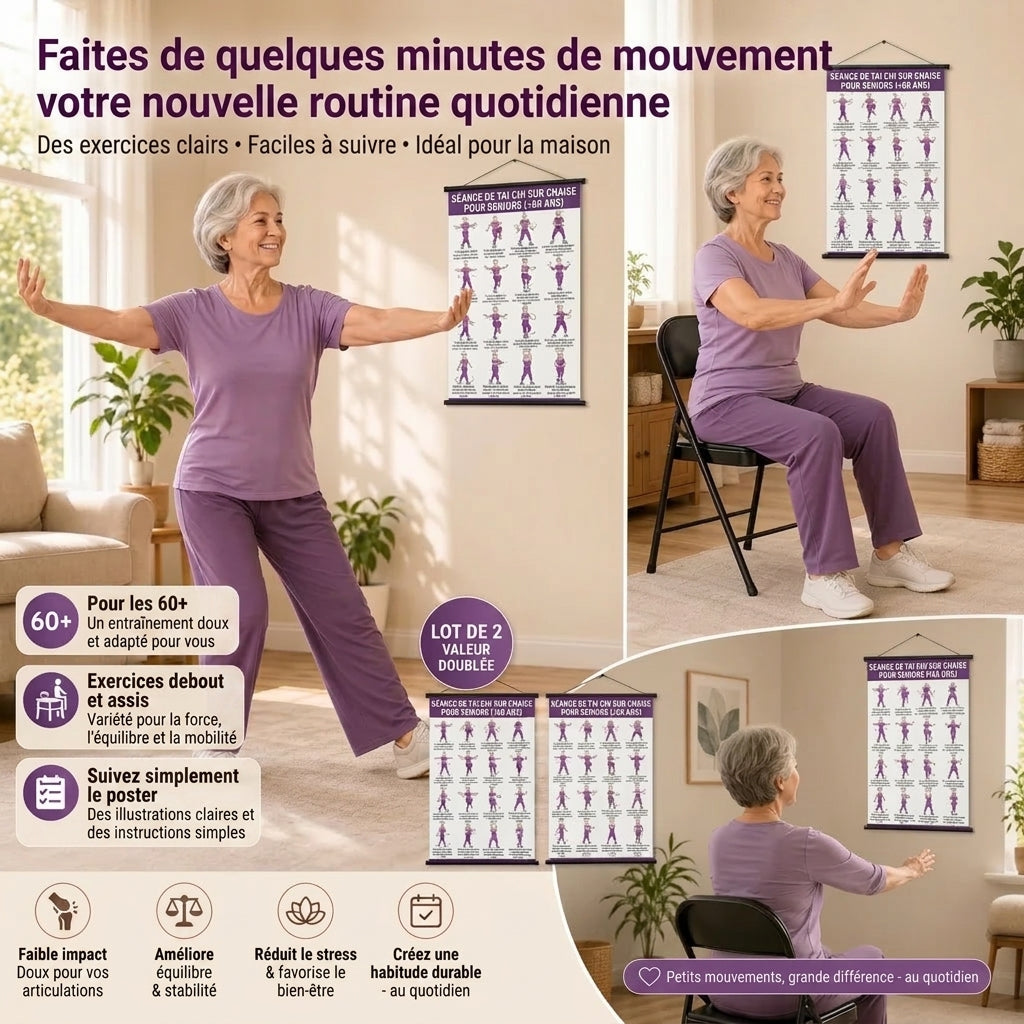 Affiches d’exercices de tai-chi sur chaise pour seniors lot de 2