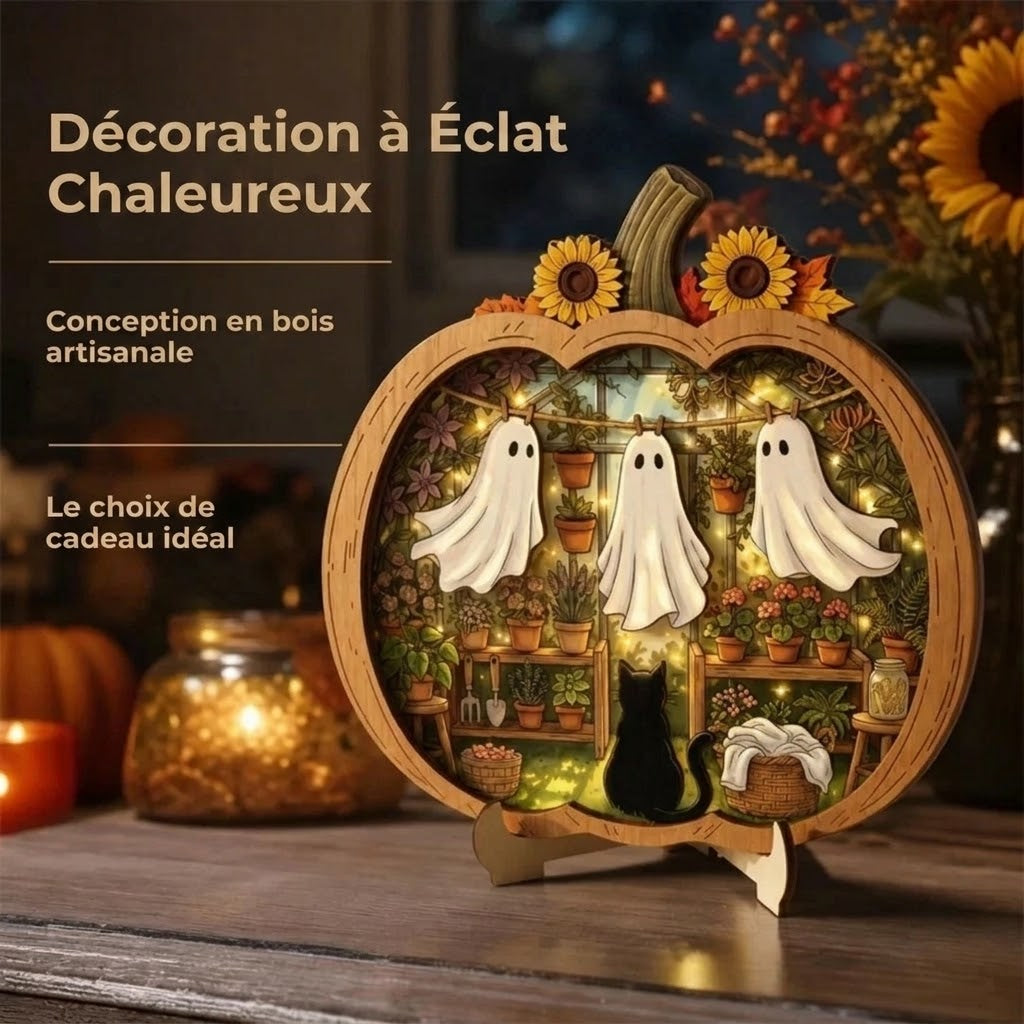 Décoration citrouille d’Halloween en bois avec éclairage LED