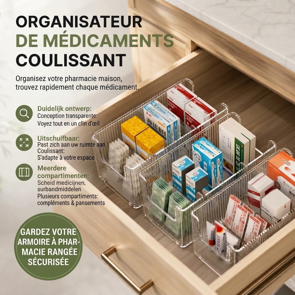 Organisateur de médicaments transparent extensible
