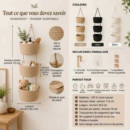 NordNest panier de rangement suspendu en coton à trois compartiments