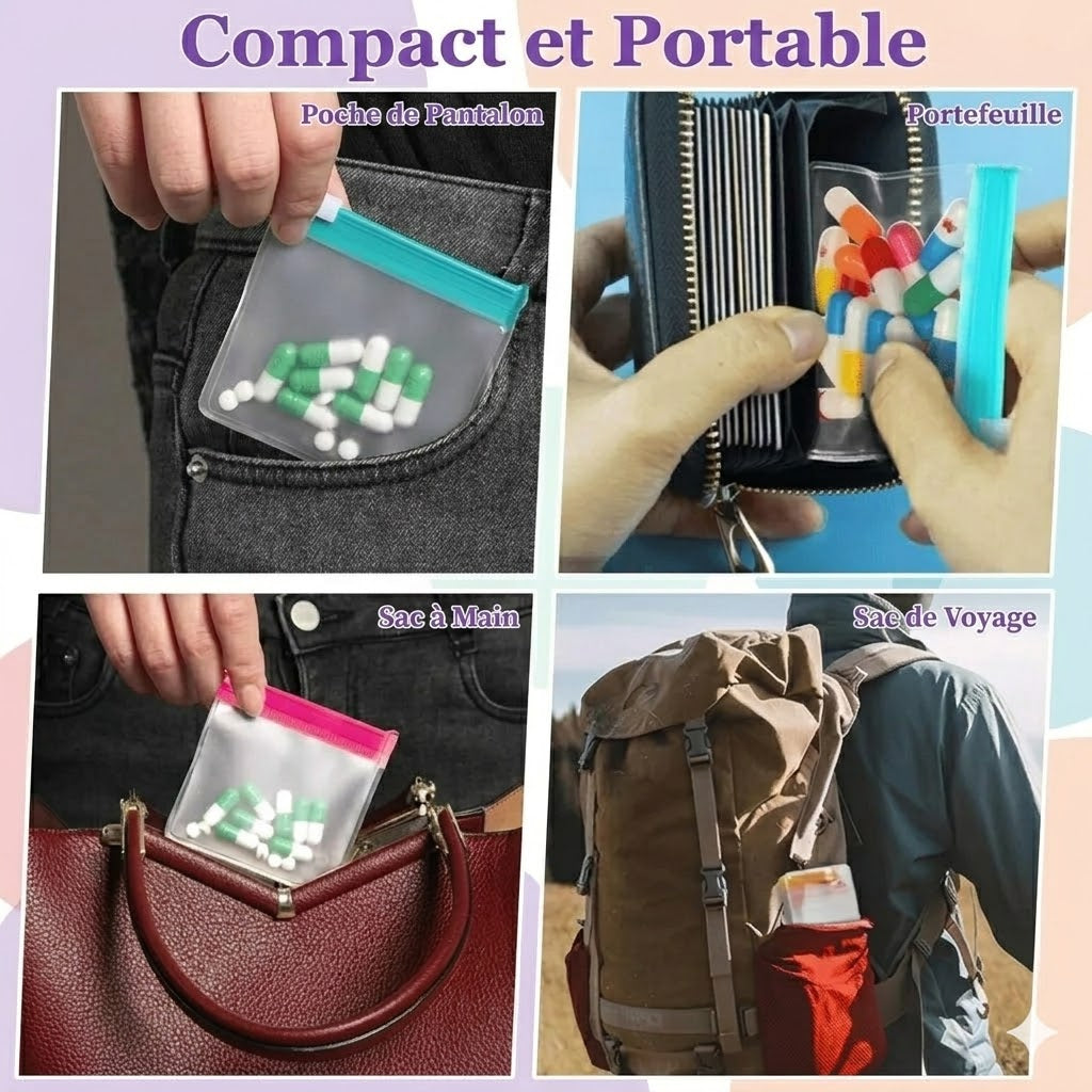 Lot de 7 sachets à pilules transparents avec fermeture à glissière – hermétiques.