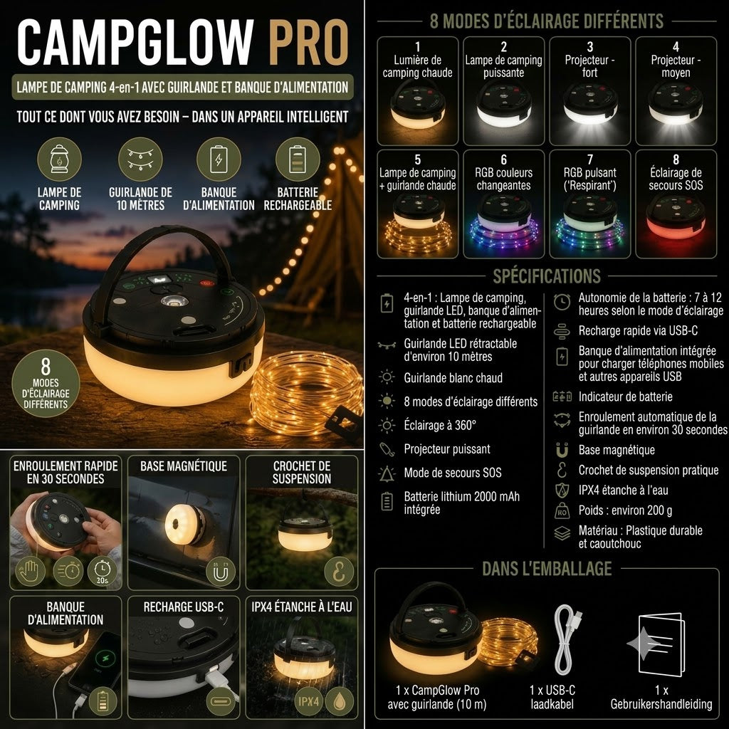 CampGlow lampe de camping rechargeable 4 en 1 avec guirlande lumineuse et batterie externe