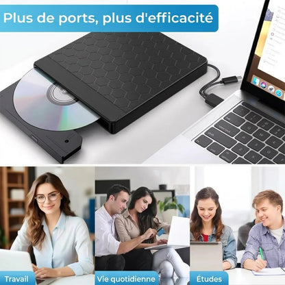 Lecteur CD/DVD externe 8-en-1 et Hub USB – Plug & Play