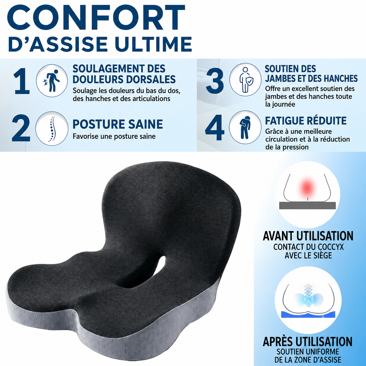 Coussin de siège antidérapant en mousse à mémoire de forme