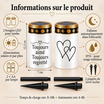 Bougies funéraires LED MinnesLjus lot de 2 avec alimentation solaire ou à piles