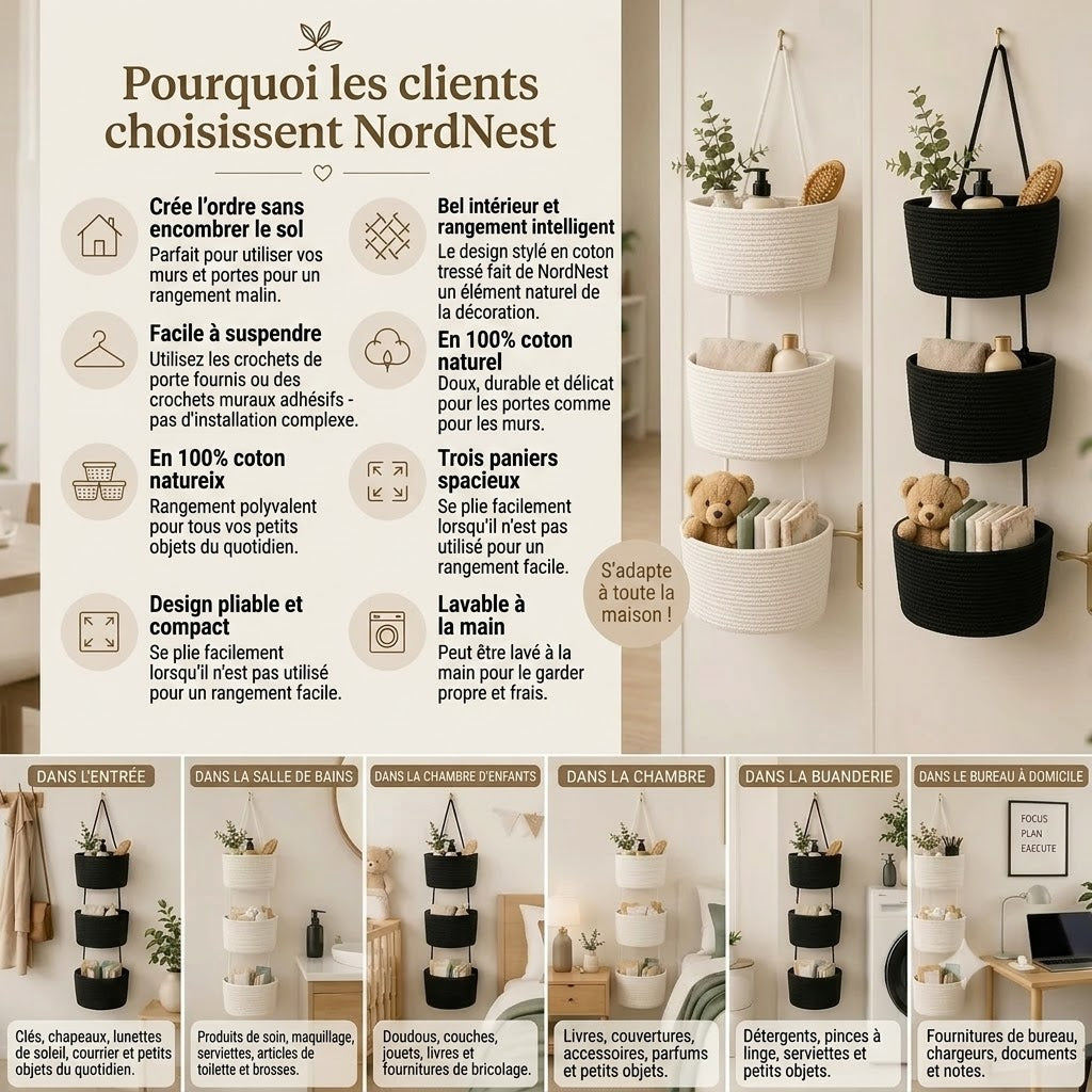 NordNest panier de rangement suspendu en coton à trois compartiments