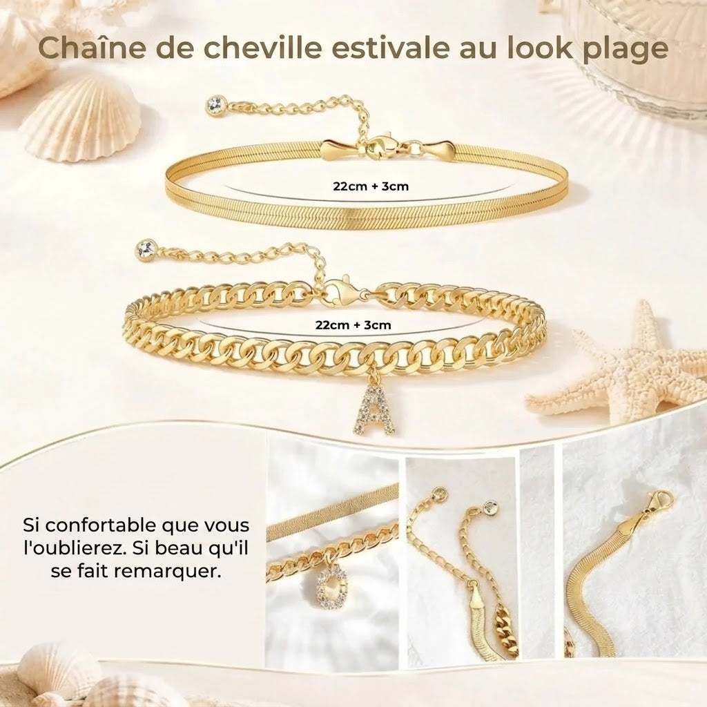 Bracelets de cheville dorés avec initiale lot de 2