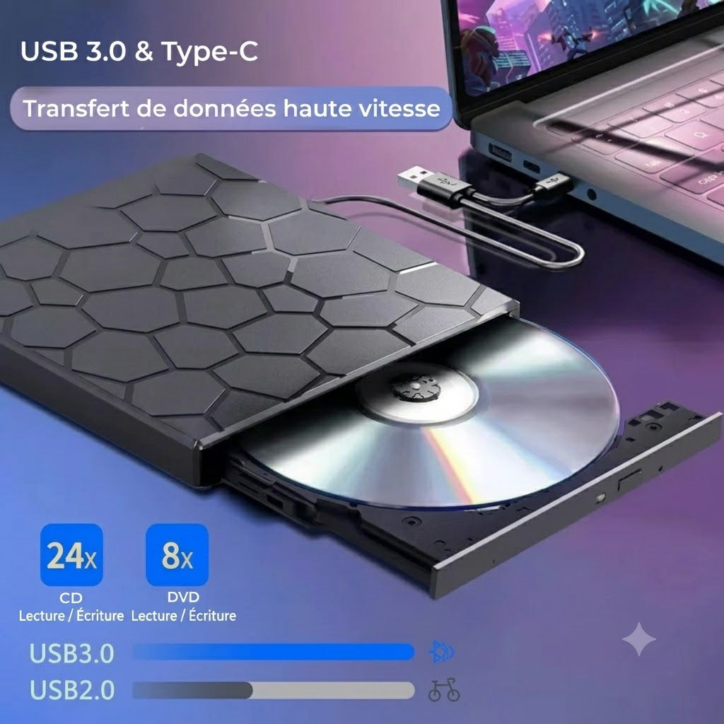 Lecteur CD/DVD externe 8-en-1 et Hub USB – Plug & Play