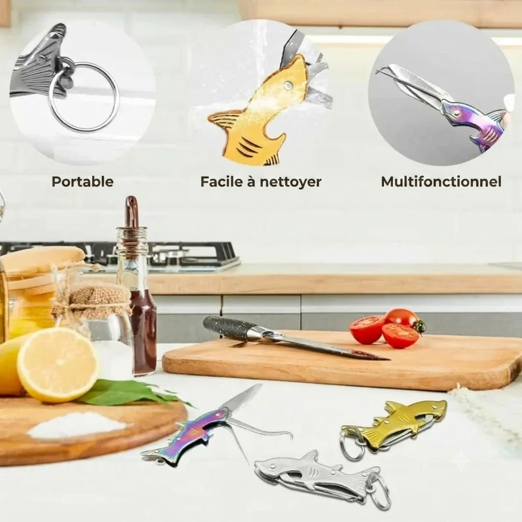 Porte-clés multitool 3 en 1 en forme de requin