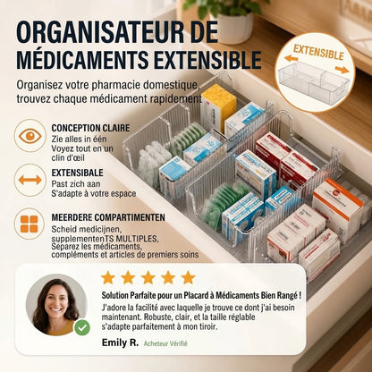 Organisateur de médicaments transparent extensible