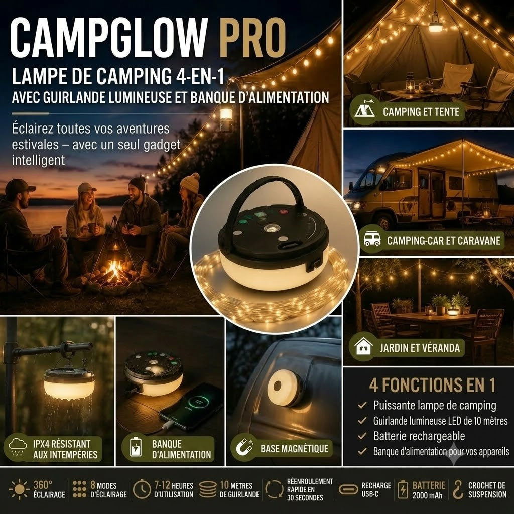 CampGlow lampe de camping rechargeable 4 en 1 avec guirlande lumineuse et batterie externe