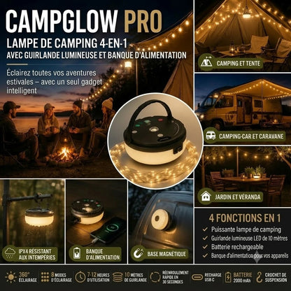 CampGlow lampe de camping rechargeable 4 en 1 avec guirlande lumineuse et batterie externe