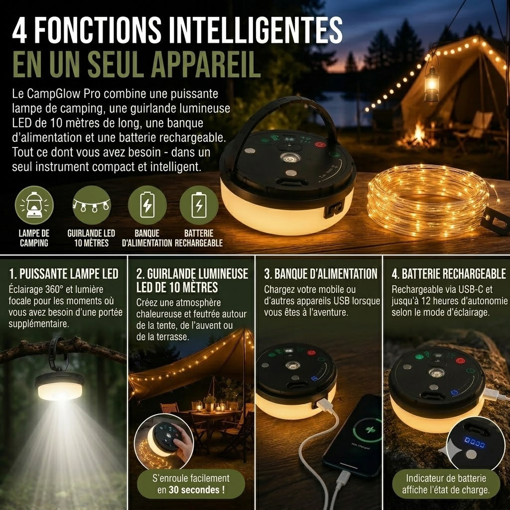 CampGlow lampe de camping rechargeable 4 en 1 avec guirlande lumineuse et batterie externe