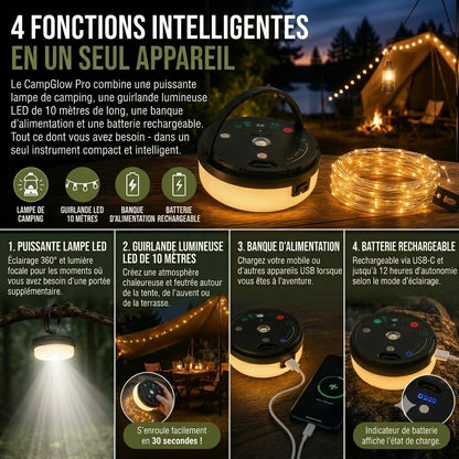CampGlow lampe de camping rechargeable 4 en 1 avec guirlande lumineuse et batterie externe