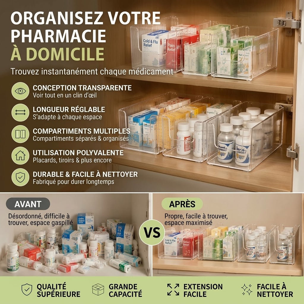 Organisateur de médicaments transparent extensible