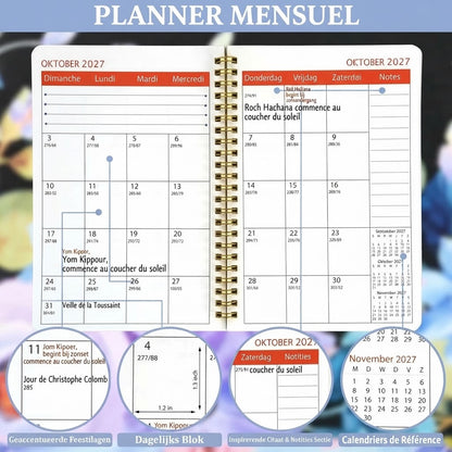 Agenda mensuel A5 sur 5 ans 2026–2030 avec motif vache Highland