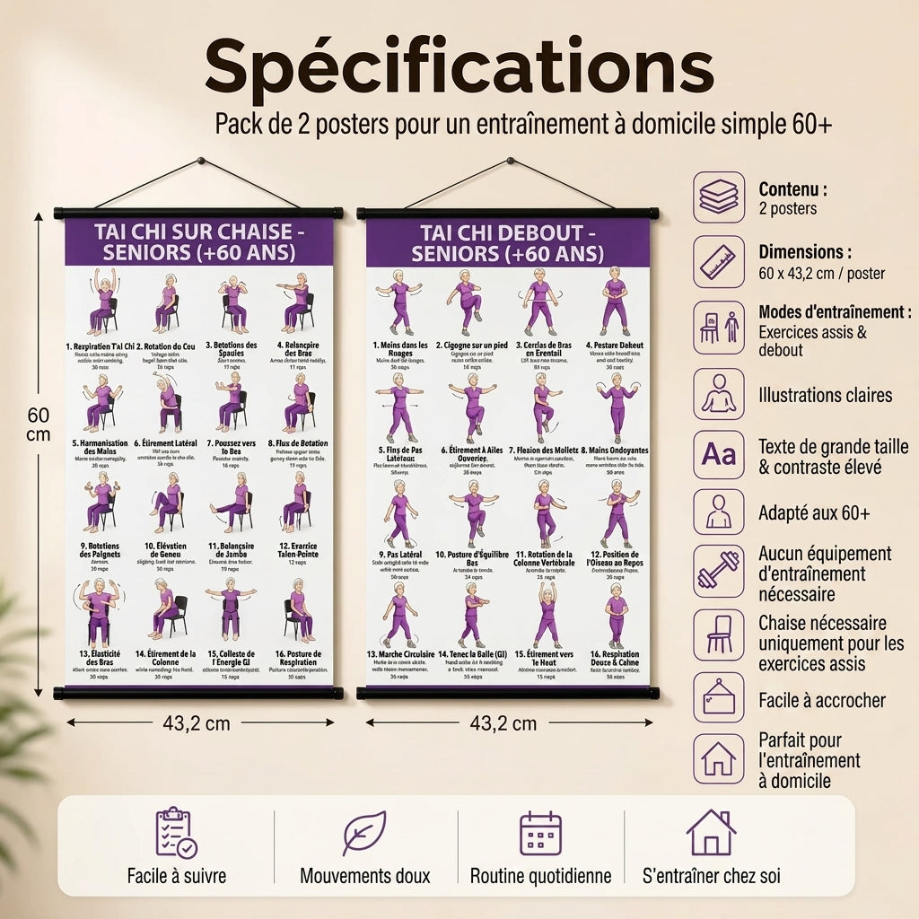 Affiches d’exercices de tai-chi sur chaise pour seniors lot de 2