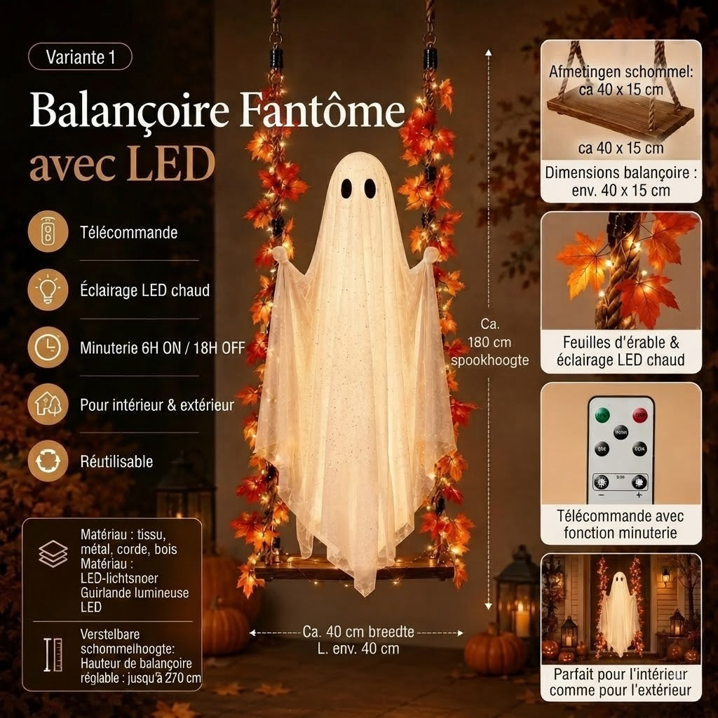 Balançoire fantôme suspendue avec éclairage LED pour Halloween