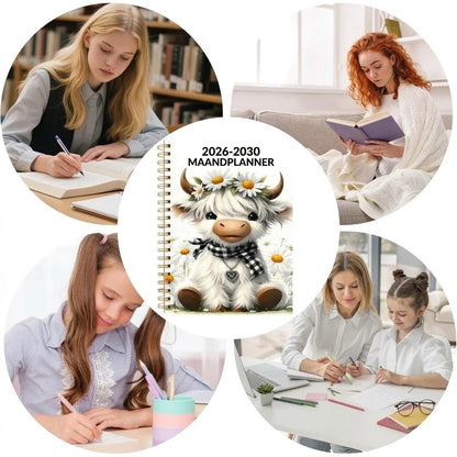 Agenda mensuel A5 sur 5 ans 2026–2030 avec motif vache Highland