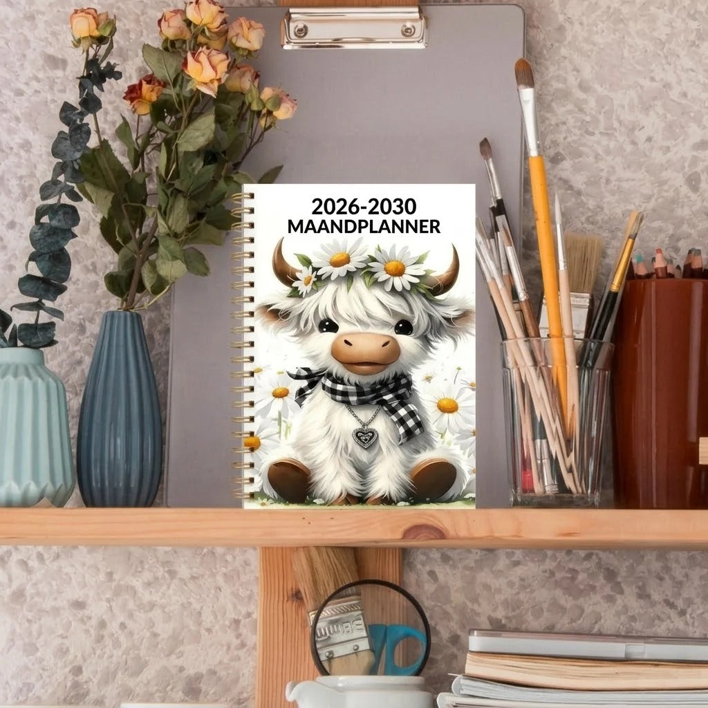 Agenda mensuel A5 sur 5 ans 2026–2030 avec motif vache Highland