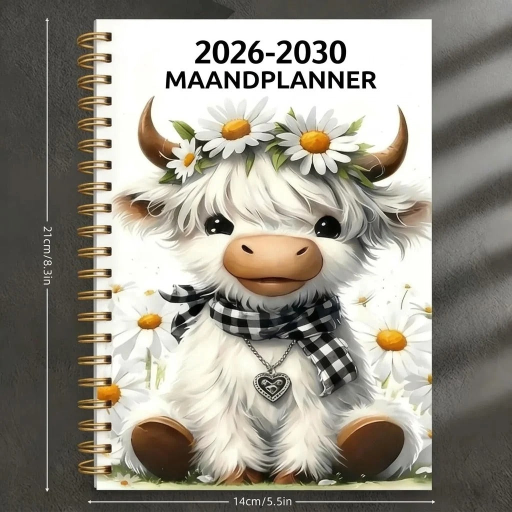 Agenda mensuel A5 sur 5 ans 2026–2030 avec motif vache Highland