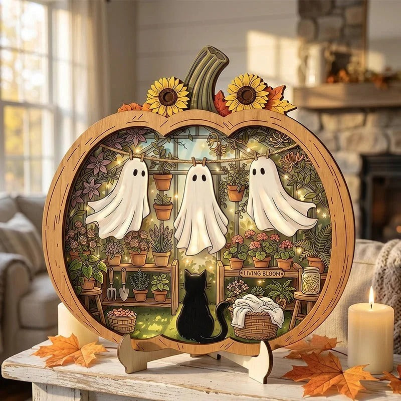 Décoration citrouille d’Halloween en bois avec éclairage LED