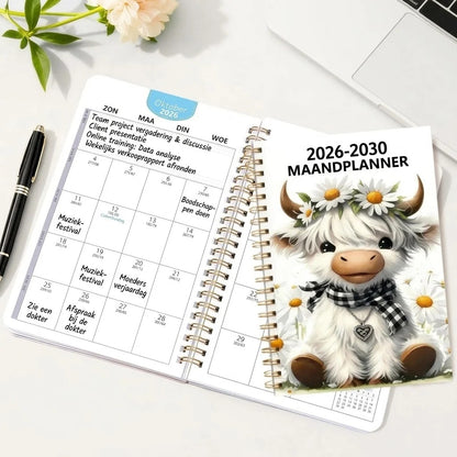 Agenda mensuel A5 sur 5 ans 2026–2030 avec motif vache Highland