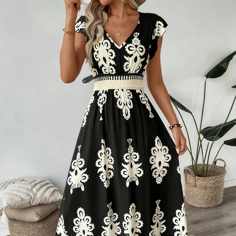 Robe élégante à col en V et imprimé baroque