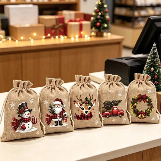 Sacs cadeaux de Noël avec cordon de serrage lot de 5