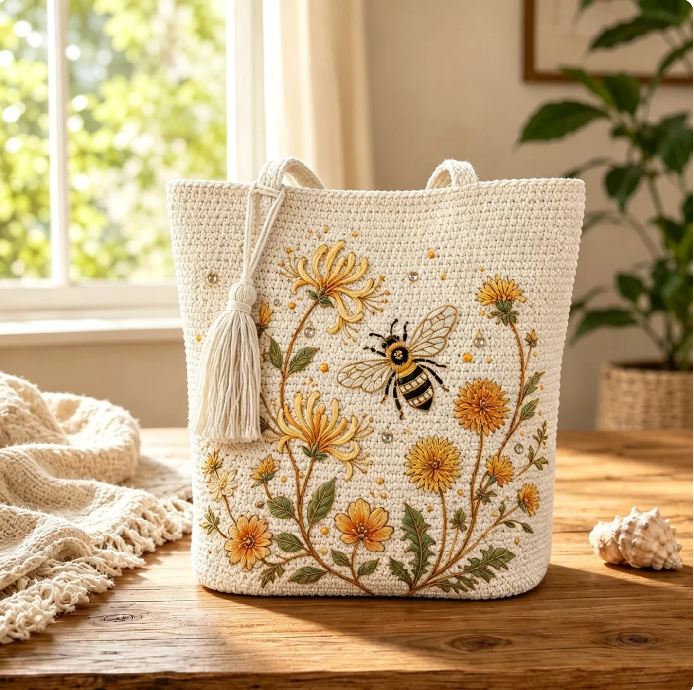 BeeBelle™ sac cabas crocheté avec abeilles et fleurs