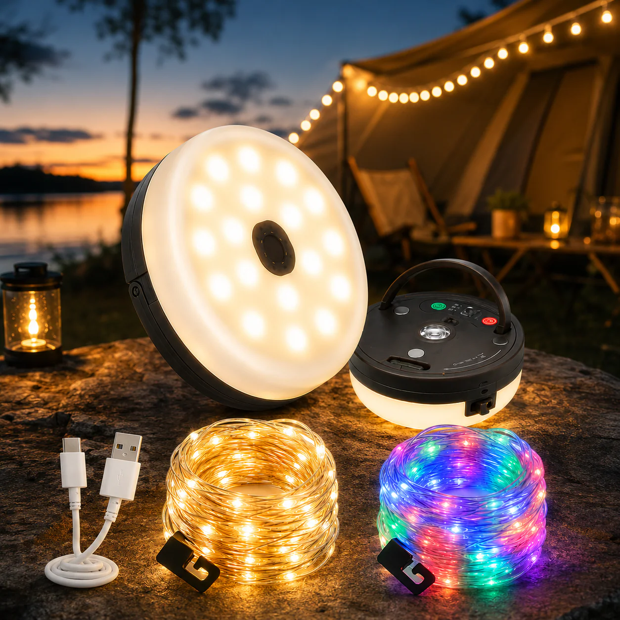 CampGlow lampe de camping rechargeable 4 en 1 avec guirlande lumineuse et batterie externe