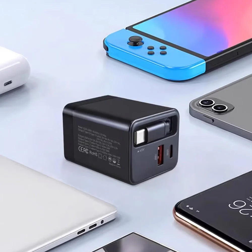 Chargeur rapide rétractable intelligent 3-en-1 65W