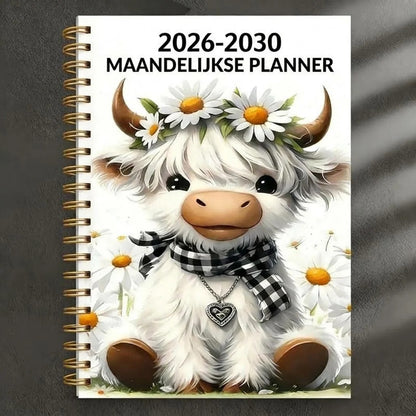 Agenda mensuel A5 sur 5 ans 2026–2030 avec motif vache Highland