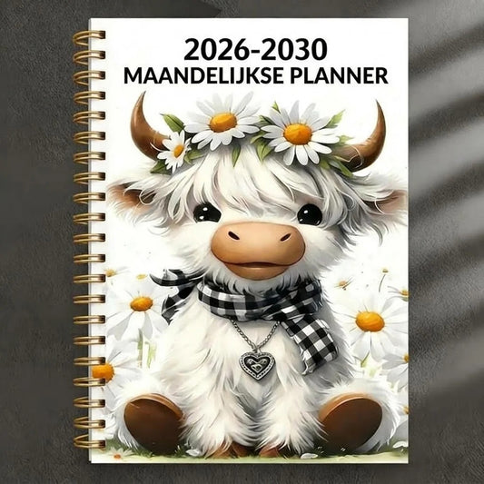 Agenda mensuel A5 sur 5 ans 2026–2030 avec motif vache Highland