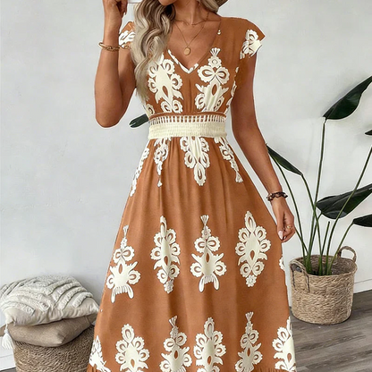 Robe élégante à col en V et imprimé baroque
