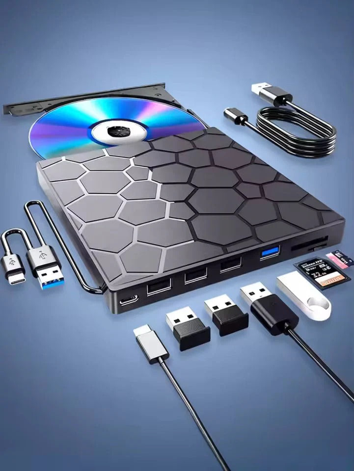 Lecteur CD/DVD externe 8-en-1 et Hub USB – Plug & Play
