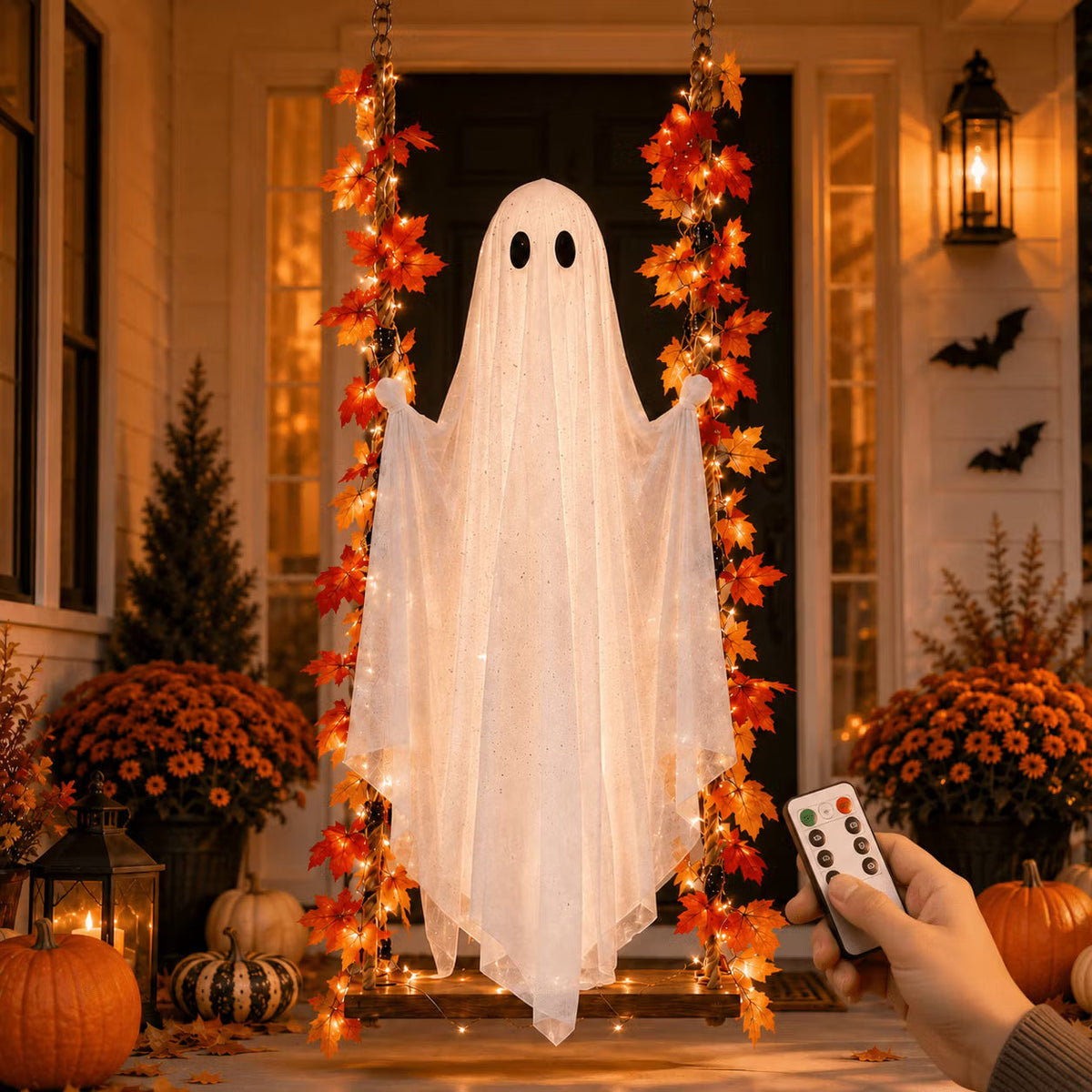Balançoire fantôme suspendue avec éclairage LED pour Halloween
