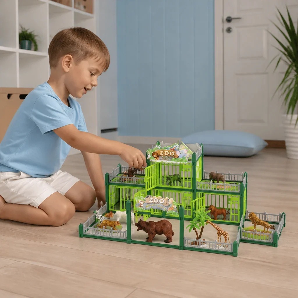 Kit de construction de zoo modulaire avec figurines d’animaux et enclos interactifs
