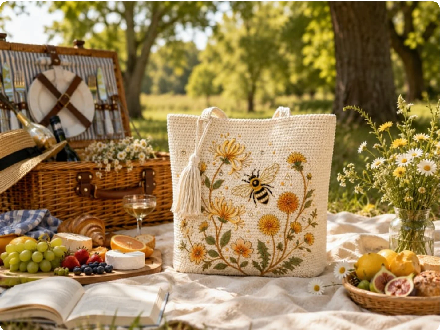 BeeBelle™ sac cabas crocheté avec abeilles et fleurs