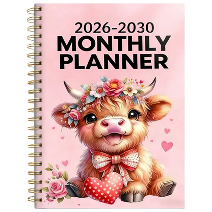 Agenda mensuel A5 sur 5 ans 2026–2030 avec motif vache Highland