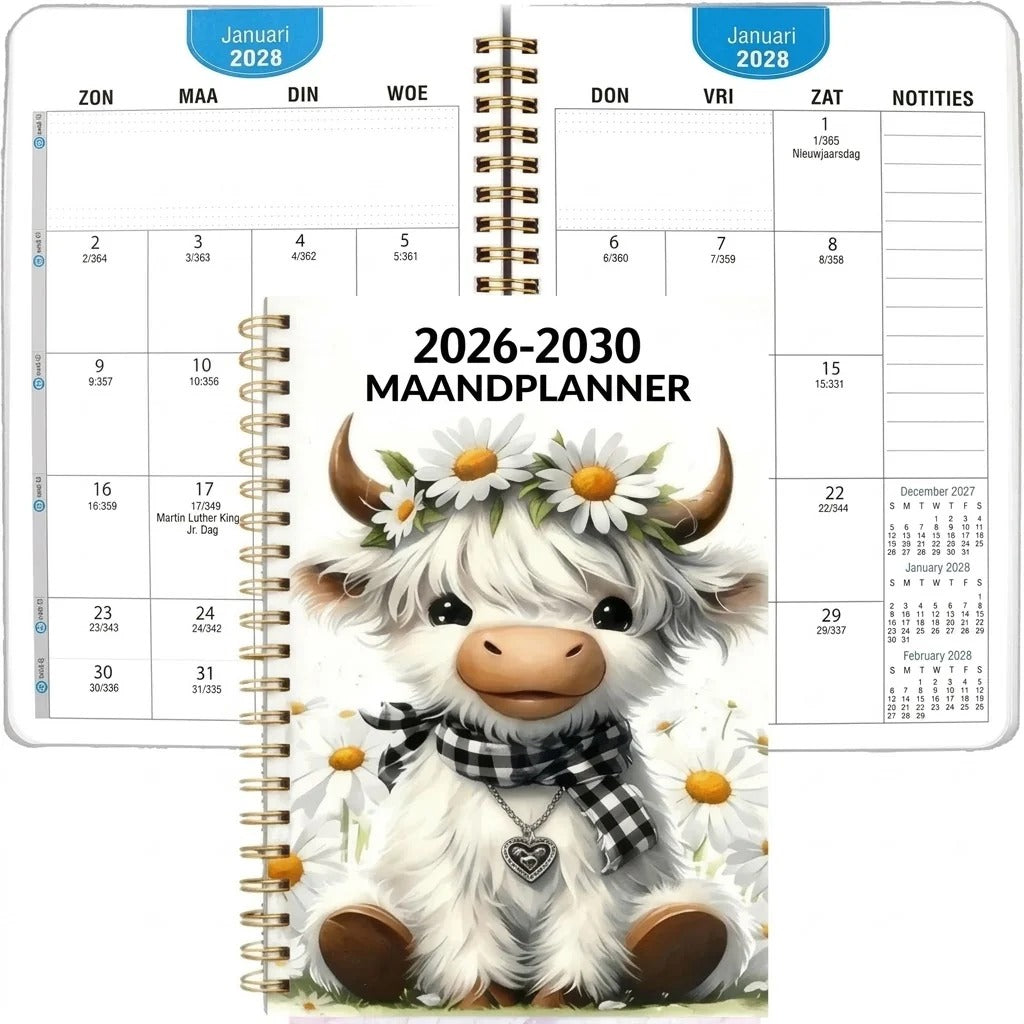 Agenda mensuel A5 sur 5 ans 2026–2030 avec motif vache Highland