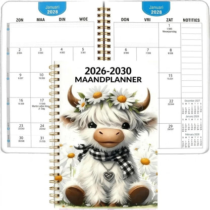 Agenda mensuel A5 sur 5 ans 2026–2030 avec motif vache Highland