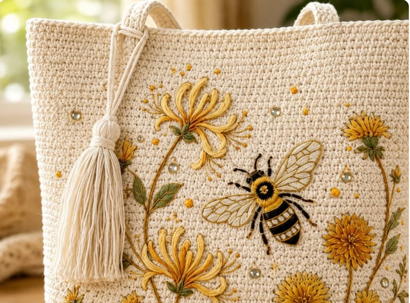 BeeBelle™ sac cabas crocheté avec abeilles et fleurs