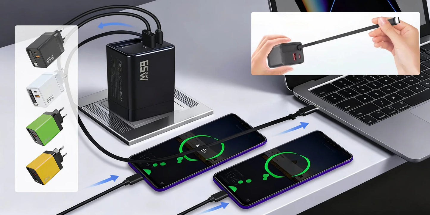 Chargeur rapide rétractable intelligent 3-en-1 65W