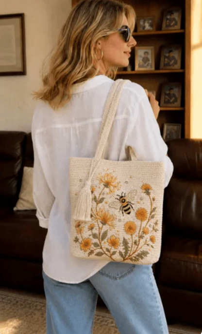 BeeBelle™ sac cabas crocheté avec abeilles et fleurs