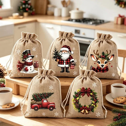 Sacs cadeaux de Noël avec cordon de serrage lot de 5