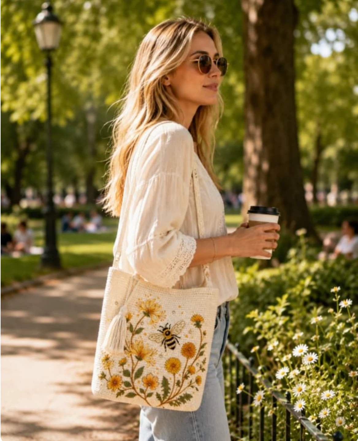 BeeBelle™ sac cabas crocheté avec abeilles et fleurs