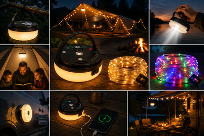 CampGlow lampe de camping rechargeable 4 en 1 avec guirlande lumineuse et batterie externe